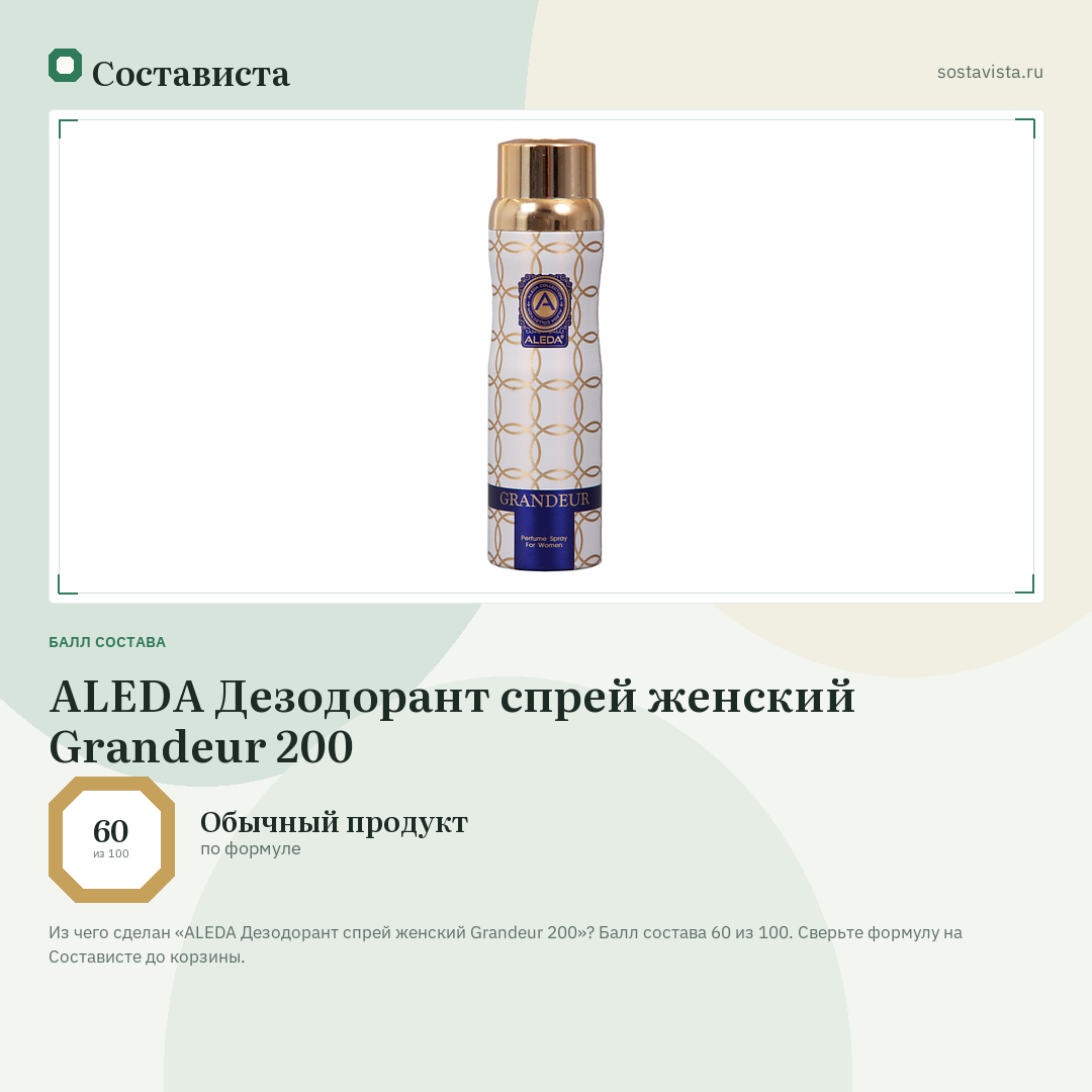 ALEDA Дезодорант спрей женский Grandeur 200: балл состава 60 из 100 — Состависта