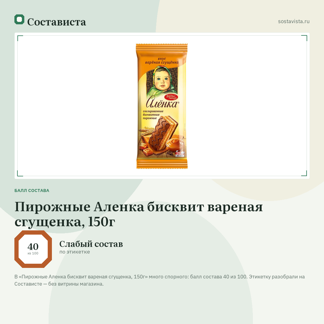 Пирожные Аленка бисквит вареная сгущенка, 150г: балл состава 40 из 100 — Состависта