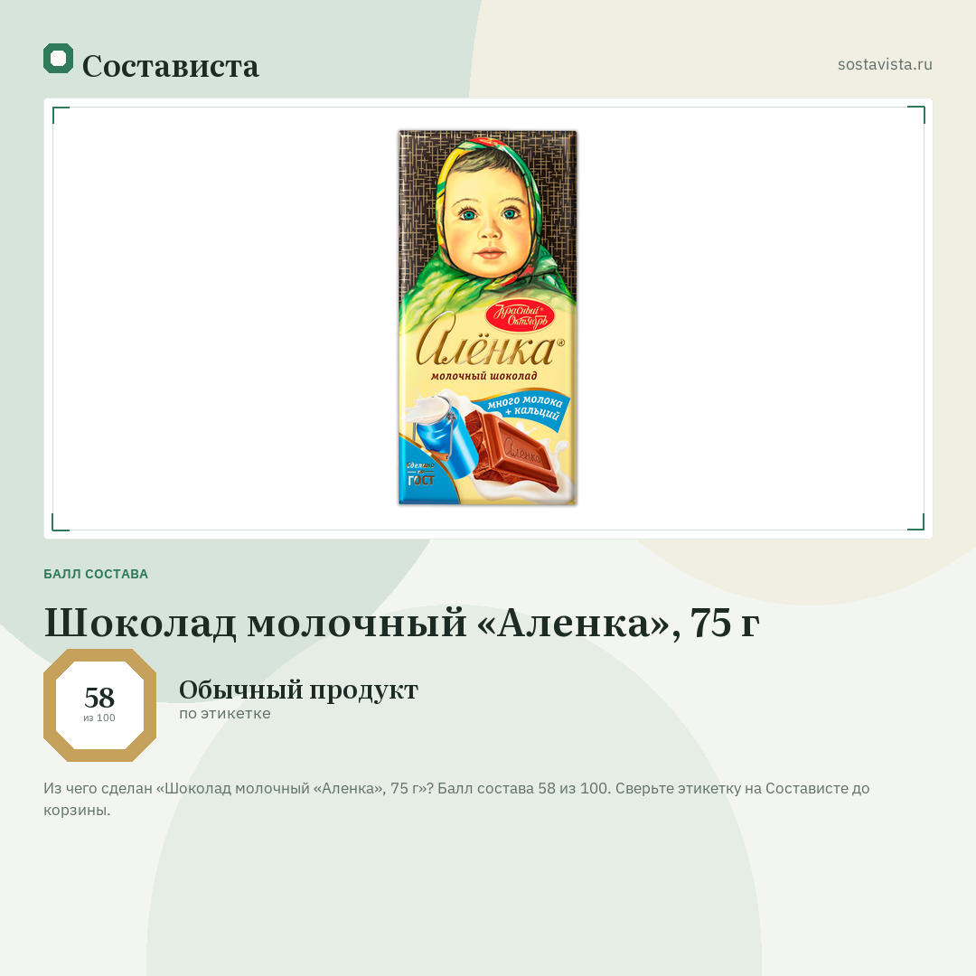 Шоколад молочный «Аленка», 75 г: балл состава 58 из 100 — Состависта