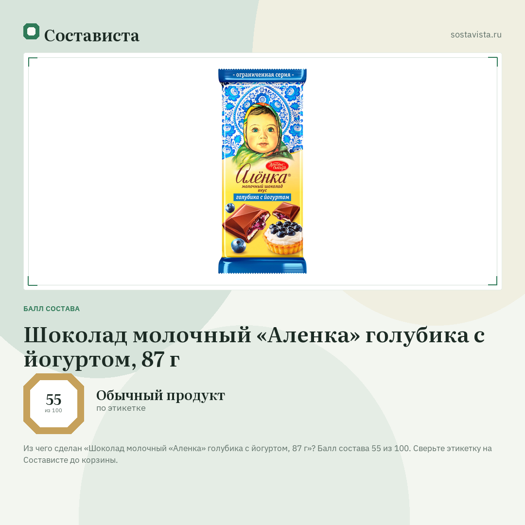 Шоколад молочный «Аленка» голубика с йогуртом, 87 г: балл состава 55 из 100 — Состависта