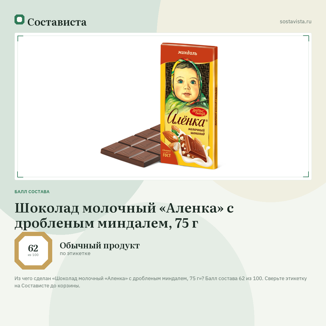 Шоколад молочный «Аленка» с дробленым миндалем, 75 г: балл состава 62 из 100 — Состависта