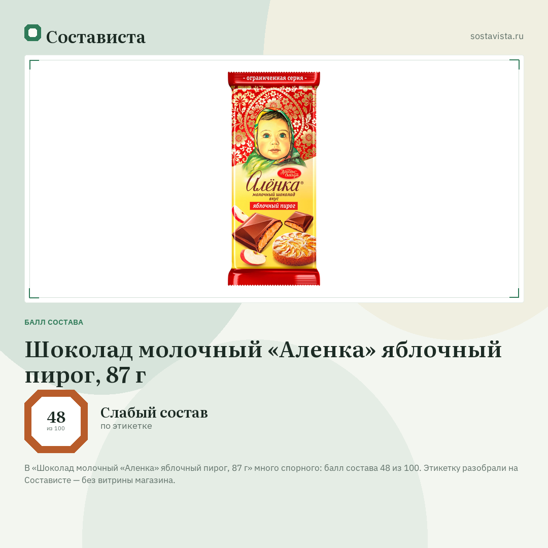 Шоколад молочный «Аленка» яблочный пирог, 87 г: балл состава 48 из 100 — Состависта