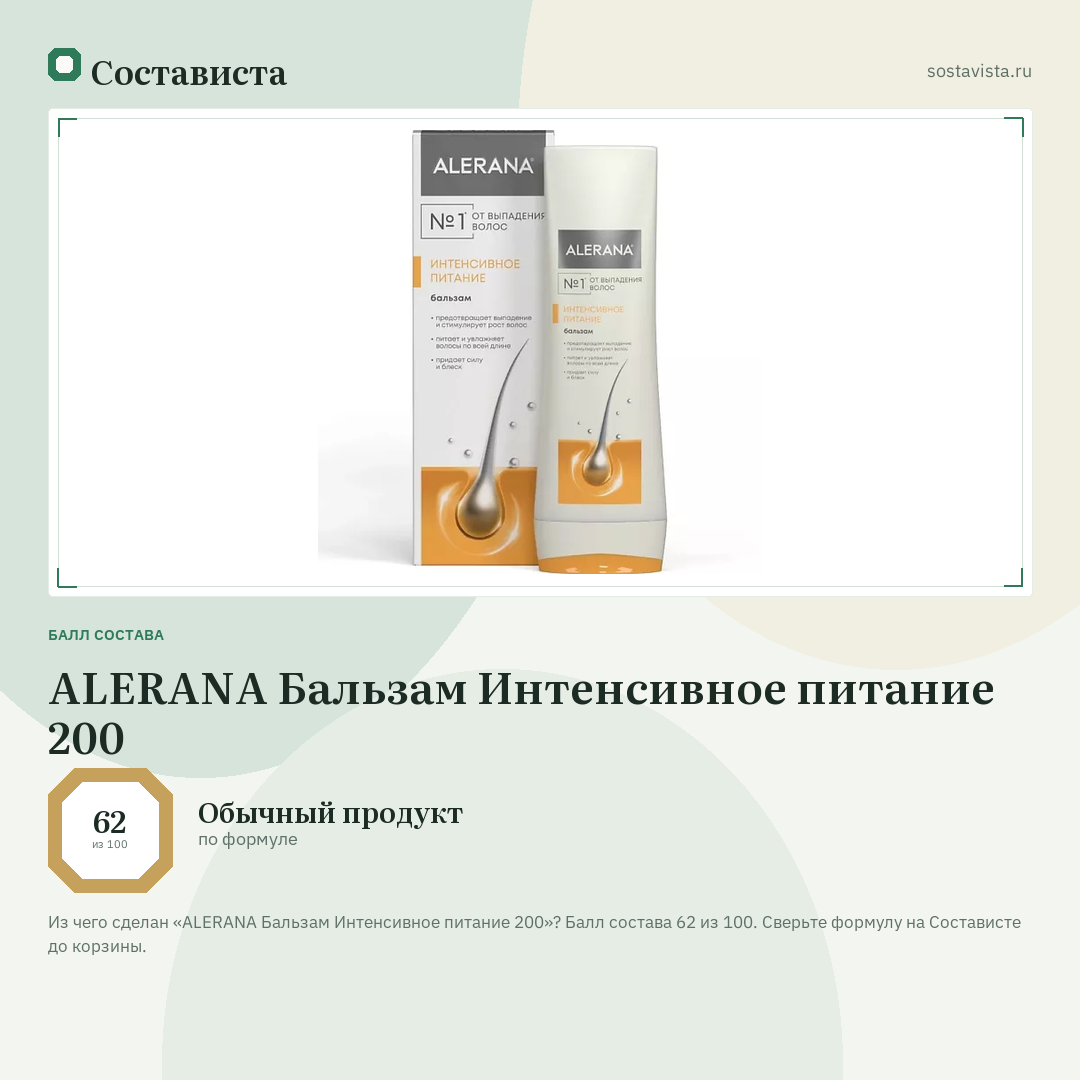 ALERANA Бальзам Интенсивное питание 200: балл состава 62 из 100 — Состависта
