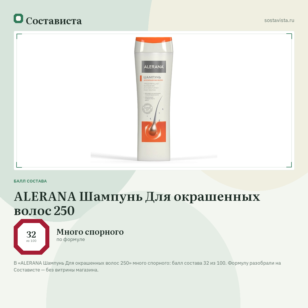 ALERANA Шампунь Для окрашенных волос 250: балл состава 32 из 100 — Состависта