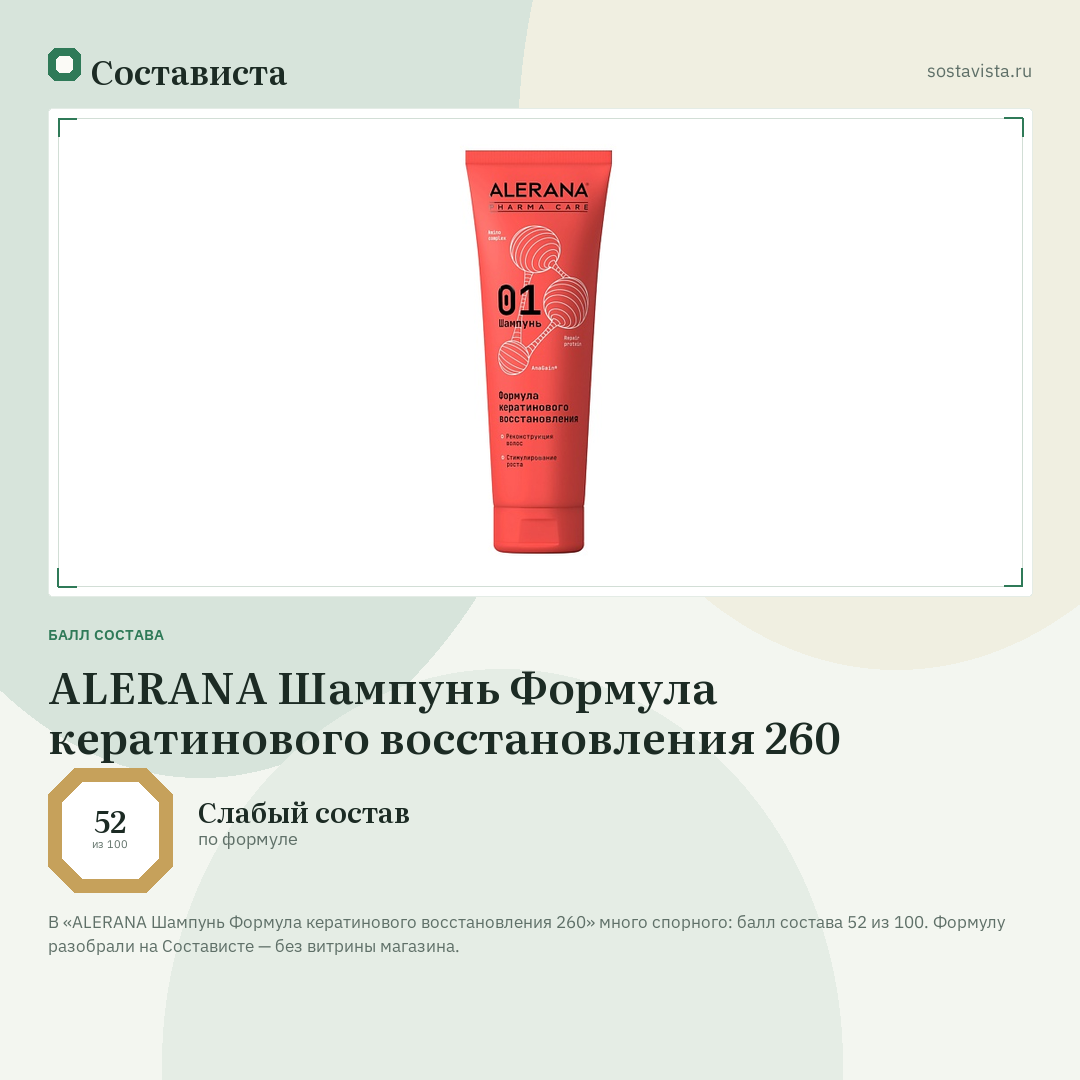 ALERANA Шампунь Формула кератинового восстановления 260: балл состава 52 из 100 — Состависта