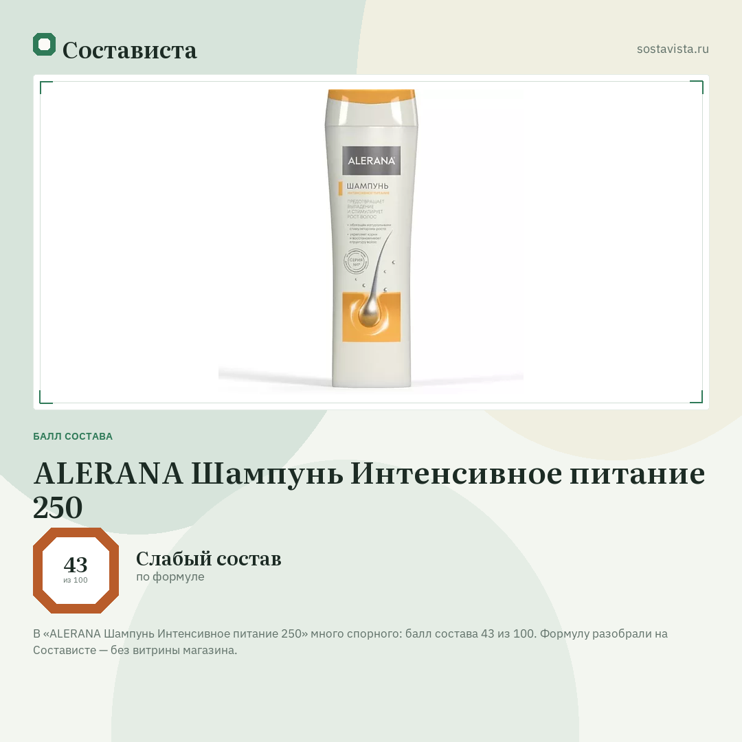 ALERANA Шампунь Интенсивное питание 250: балл состава 43 из 100 — Состависта