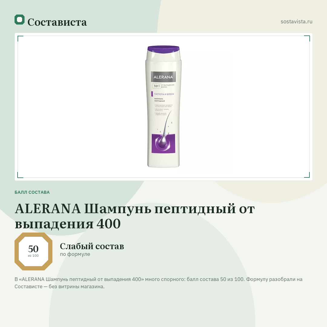 ALERANA Шампунь пептидный от выпадения 400: балл состава 50 из 100 — Состависта
