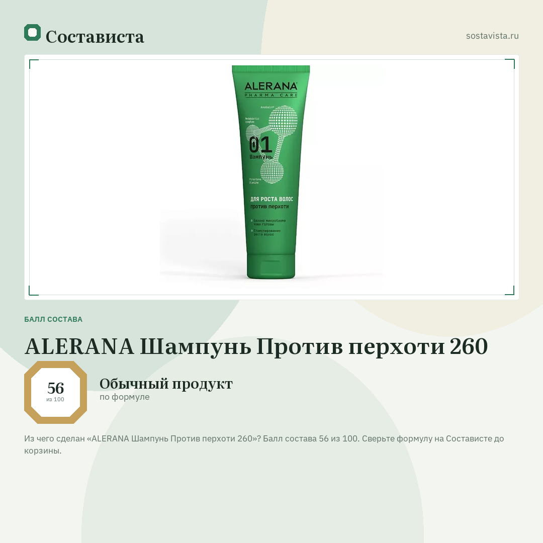 ALERANA Шампунь Против перхоти 260: балл состава 56 из 100 — Состависта