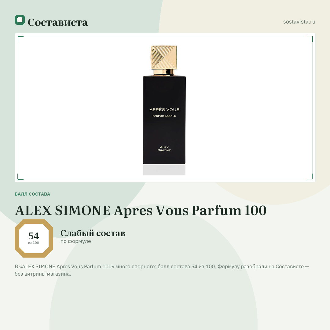 ALEX SIMONE Apres Vous Parfum 100: балл состава 54 из 100 — Состависта