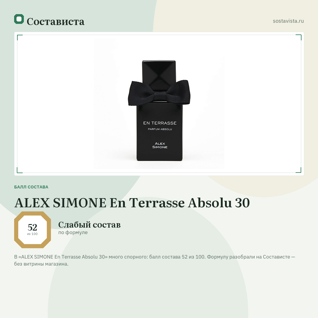 ALEX SIMONE En Terrasse Absolu 30: балл состава 52 из 100 — Состависта