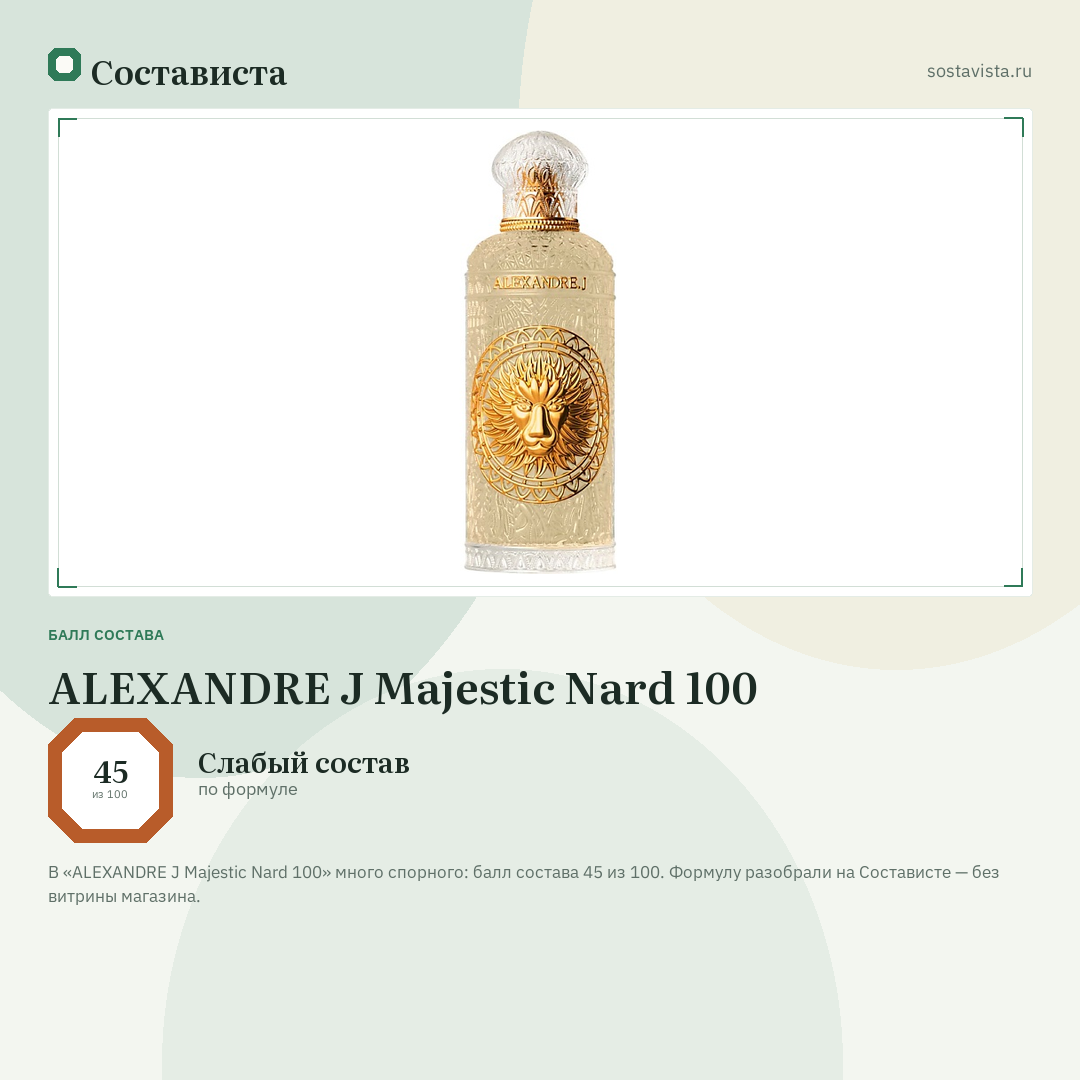 ALEXANDRE J Majestic Nard 100: балл состава 45 из 100 — Состависта