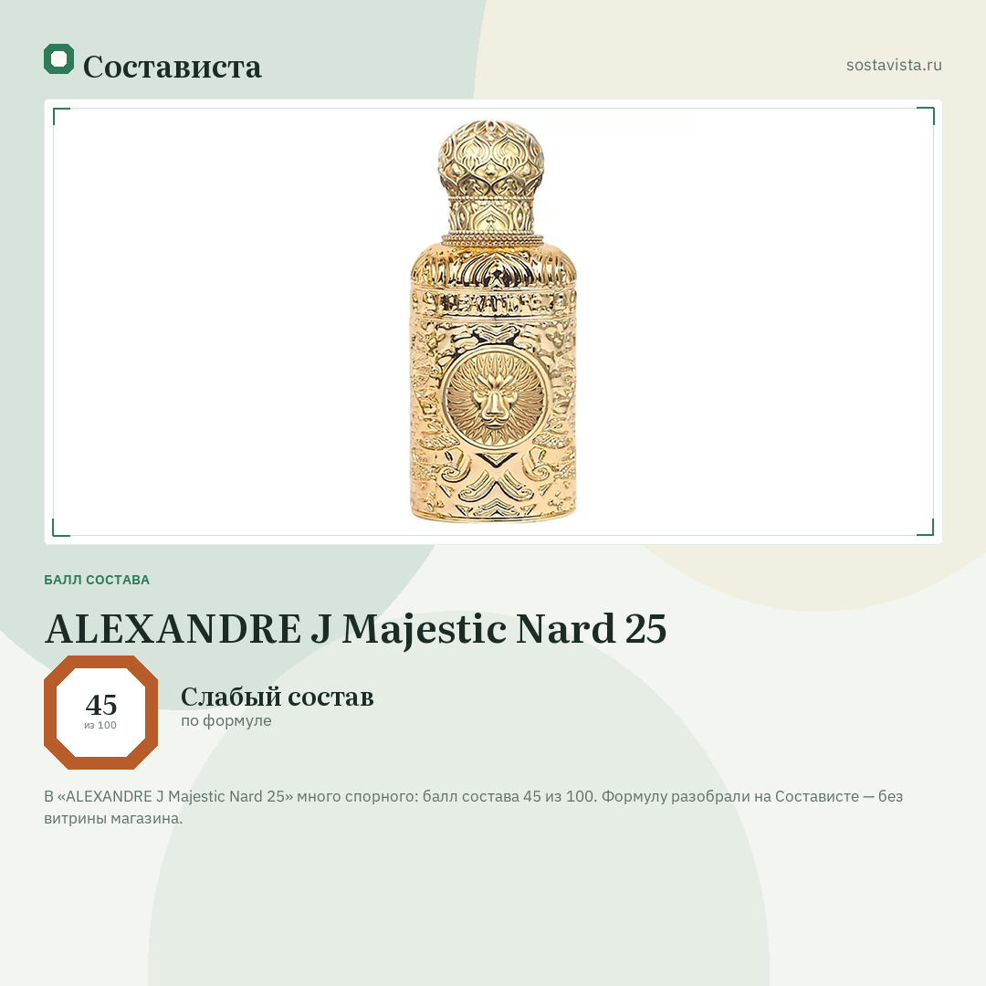 ALEXANDRE J Majestic Nard 25: балл состава 45 из 100 — Состависта