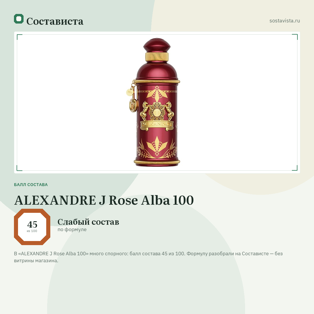 ALEXANDRE J Rose Alba 100: балл состава 45 из 100 — Состависта
