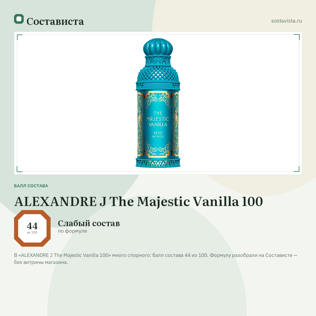 ALEXANDRE J The Majestic Vanilla 100: балл состава 44 из 100 — Состависта