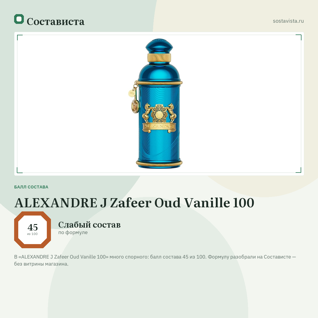 ALEXANDRE J Zafeer Oud Vanille 100: балл состава 45 из 100 — Состависта