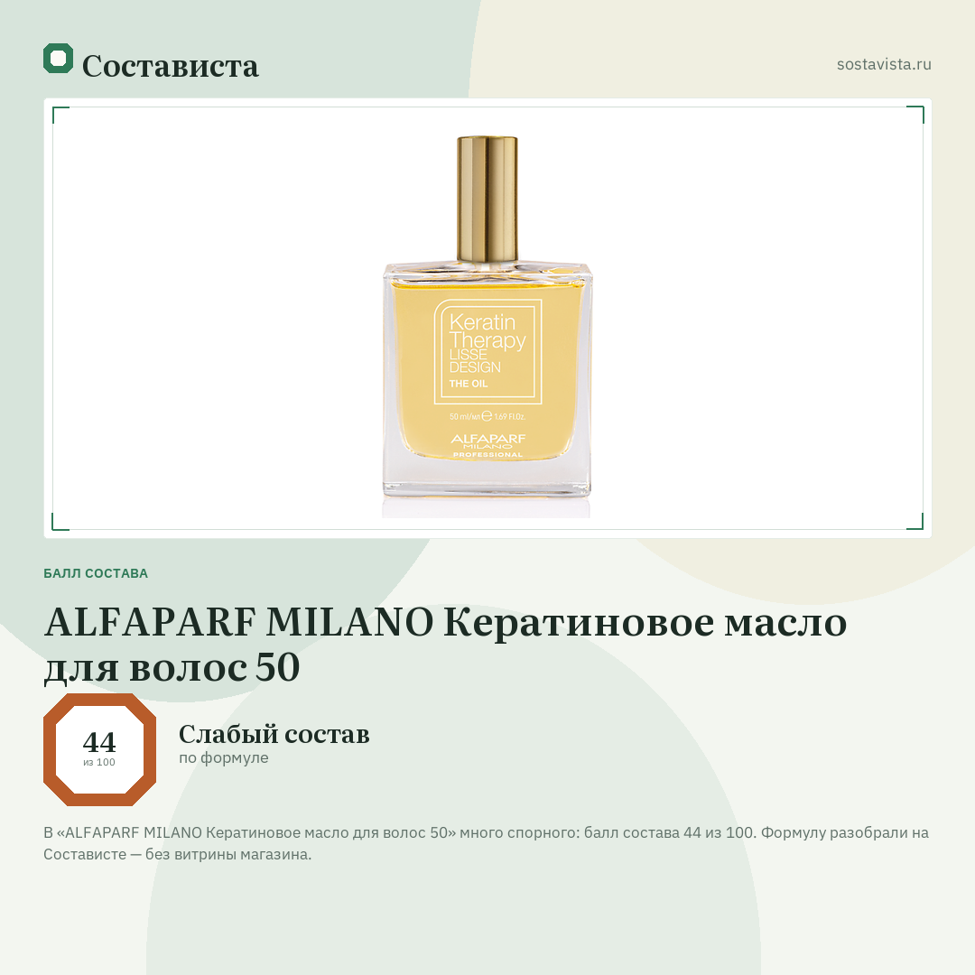 ALFAPARF MILANO Кератиновое масло для волос 50: балл состава 44 из 100 — Состависта
