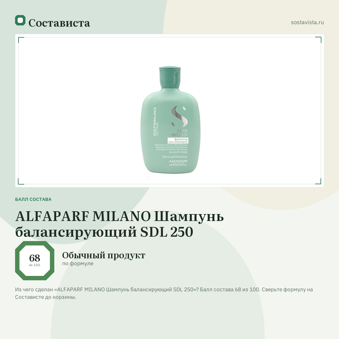 ALFAPARF MILANO Шампунь балансирующий SDL 250: балл состава 68 из 100 — Состависта