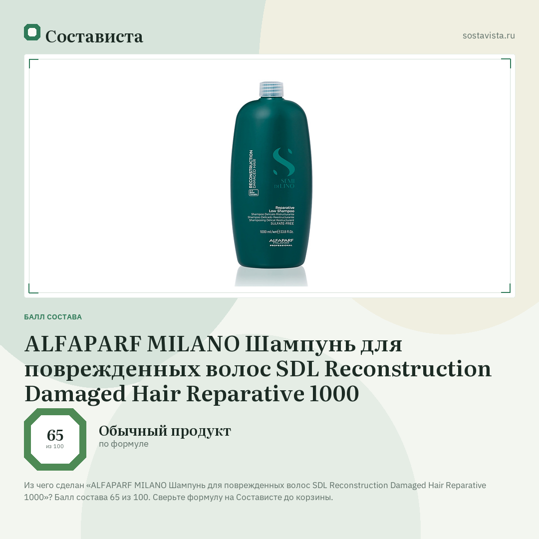 ALFAPARF MILANO Шампунь для поврежденных волос SDL Reconstruction Damaged Hair Reparative 1000: балл состава 65 из 100 — Состависта