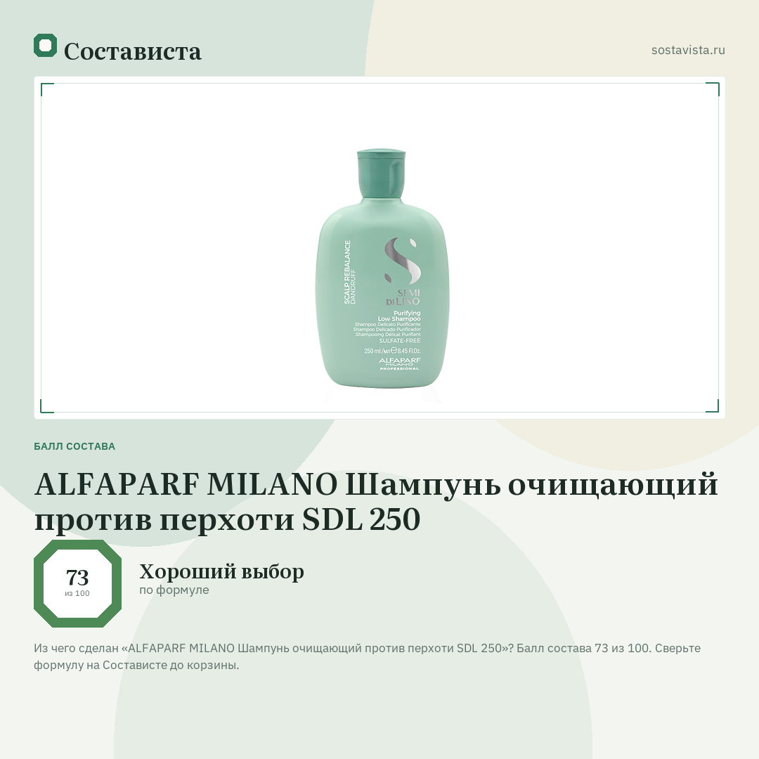ALFAPARF MILANO Шампунь очищающий против перхоти SDL 250: балл состава 73 из 100 — Состависта