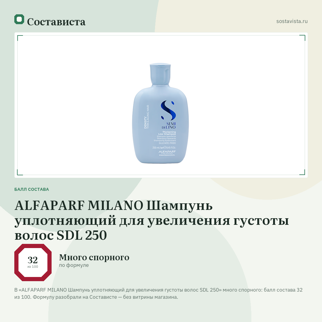 ALFAPARF MILANO Шампунь уплотняющий для увеличения густоты волос SDL 250: балл состава 32 из 100 — Состависта