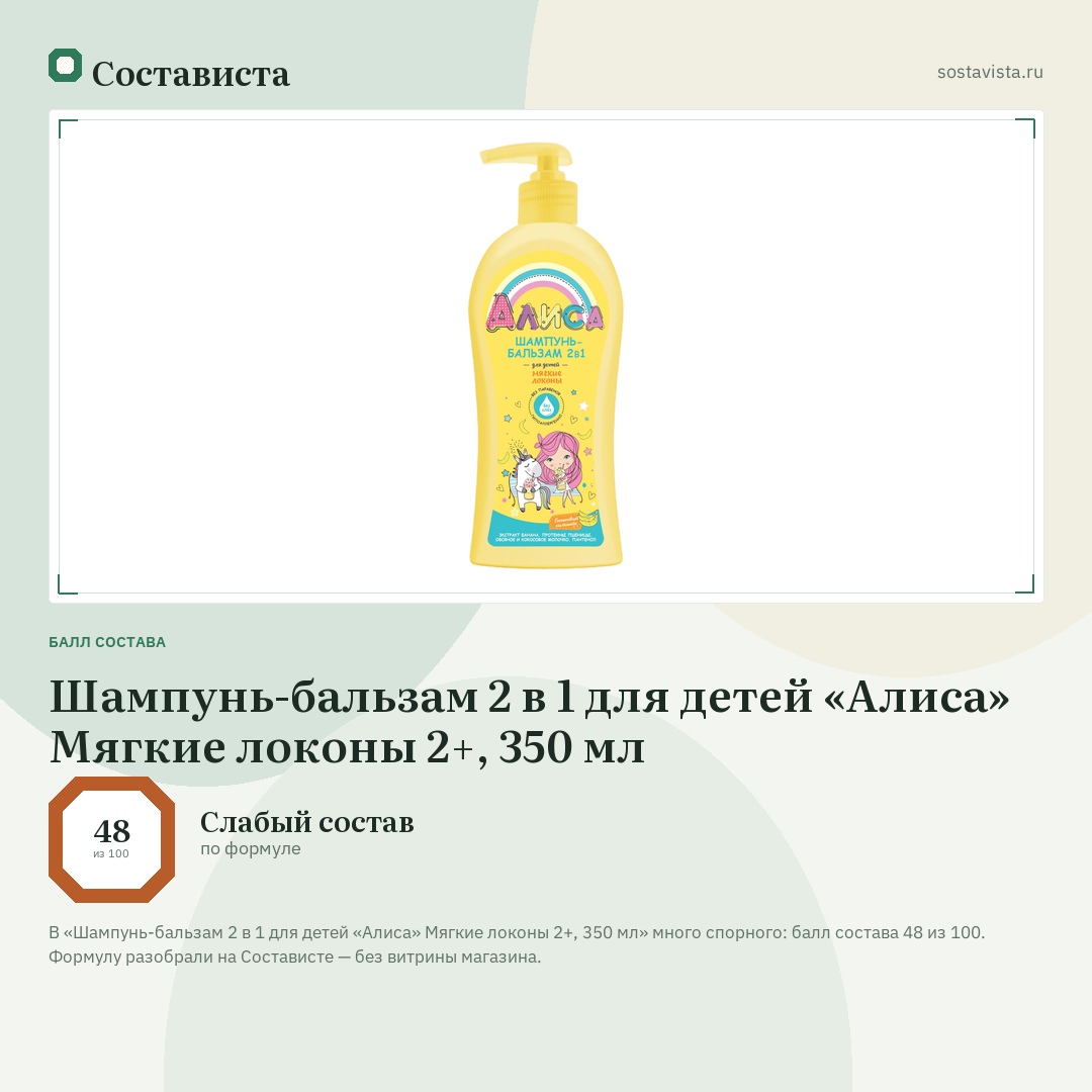 Шампунь-бальзам 2 в 1 для детей «Алиса» Мягкие локоны 2+, 350 мл: балл состава 48 из 100 — Состависта