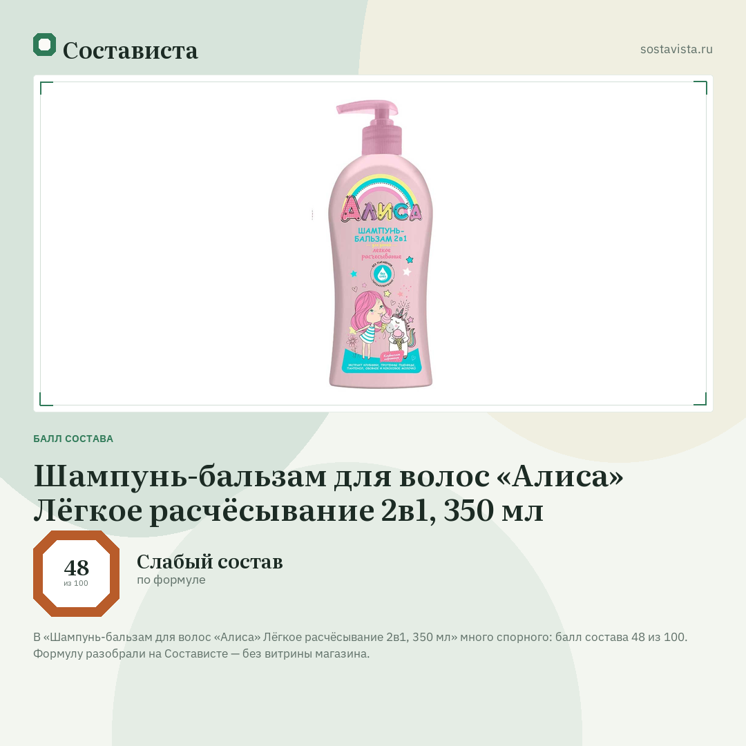 Шампунь-бальзам для волос «Алиса» Лёгкое расчёсывание 2в1, 350 мл: балл состава 48 из 100 — Состависта