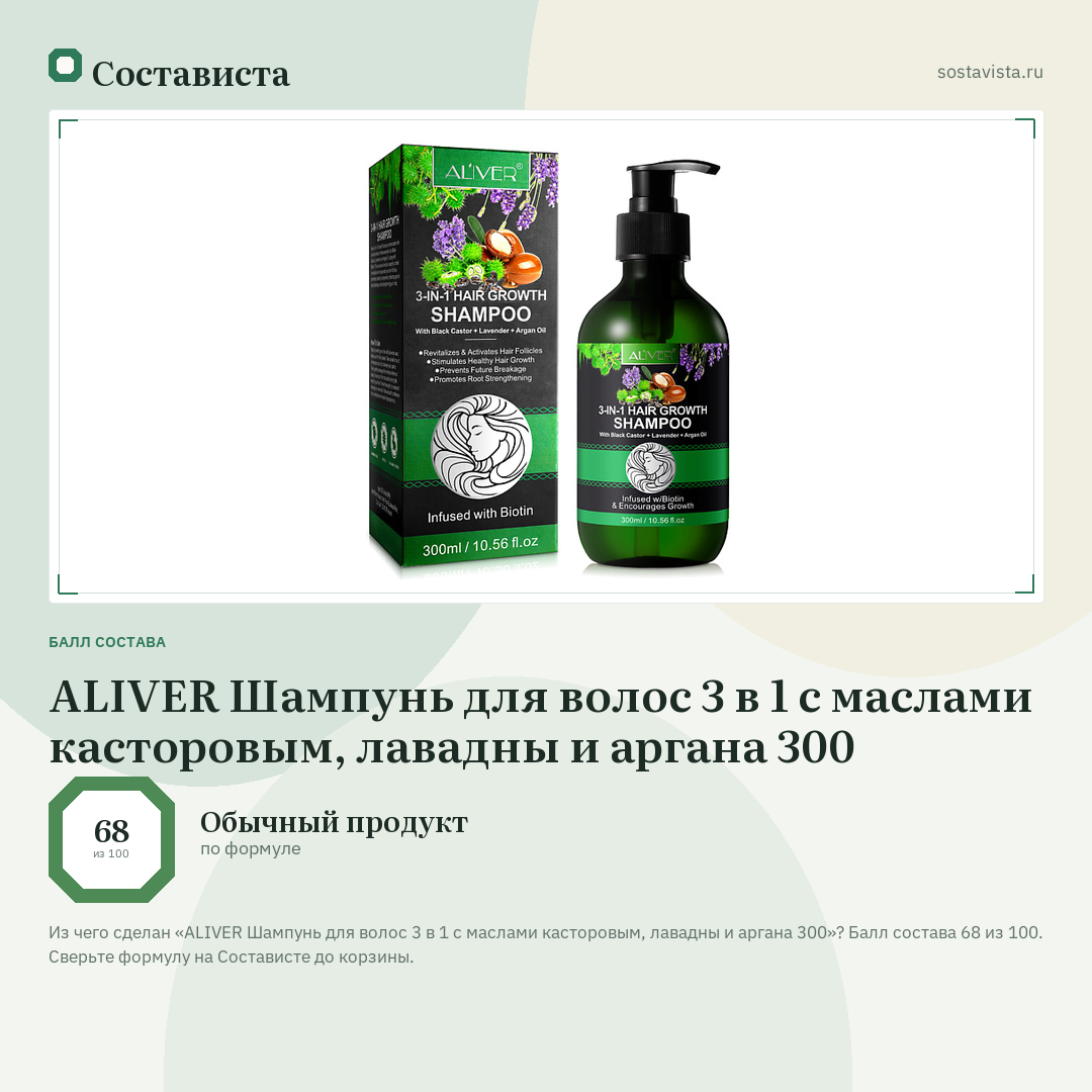 ALIVER Шампунь для волос 3 в 1 с маслами касторовым, лавадны и аргана 300: балл состава 68 из 100 — Состависта