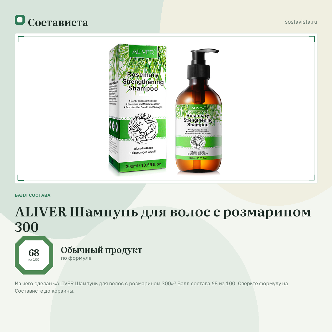 ALIVER Шампунь для волос с розмарином 300: балл состава 68 из 100 — Состависта