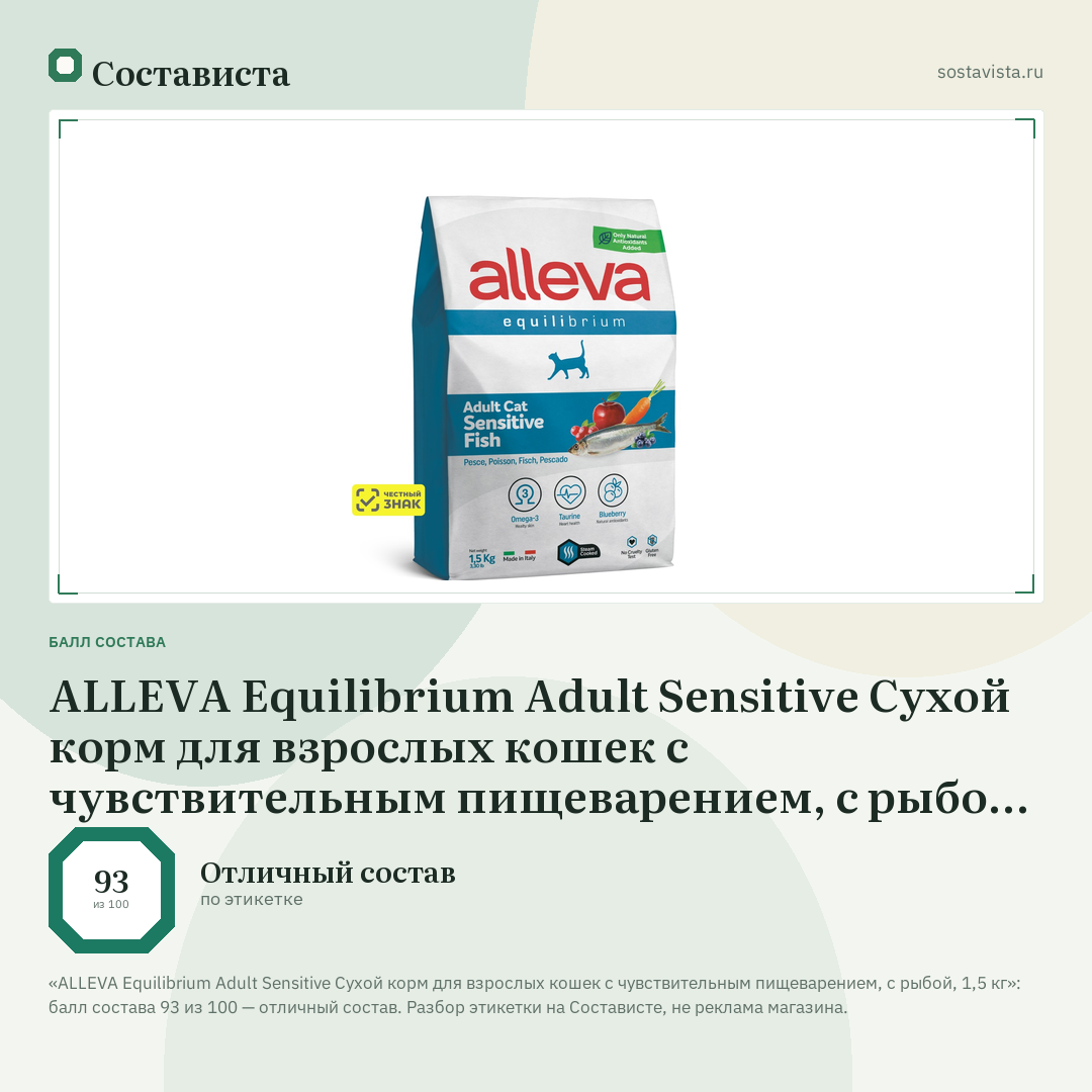 ALLEVA Equilibrium Adult Sensitive Сухой корм для взрослых кошек с чувствительным пищеварением, с рыбой, 1,5 кг: балл состава 93 из 100 — Состависта
