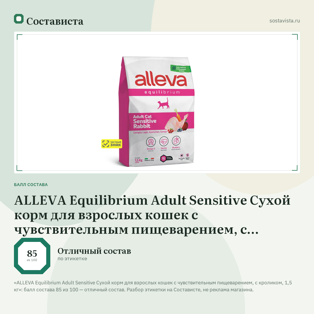 ALLEVA Equilibrium Adult Sensitive Сухой корм для взрослых кошек с чувствительным пищеварением, с кроликом, 1,5 кг: балл состава 85 из 100 — Состависта