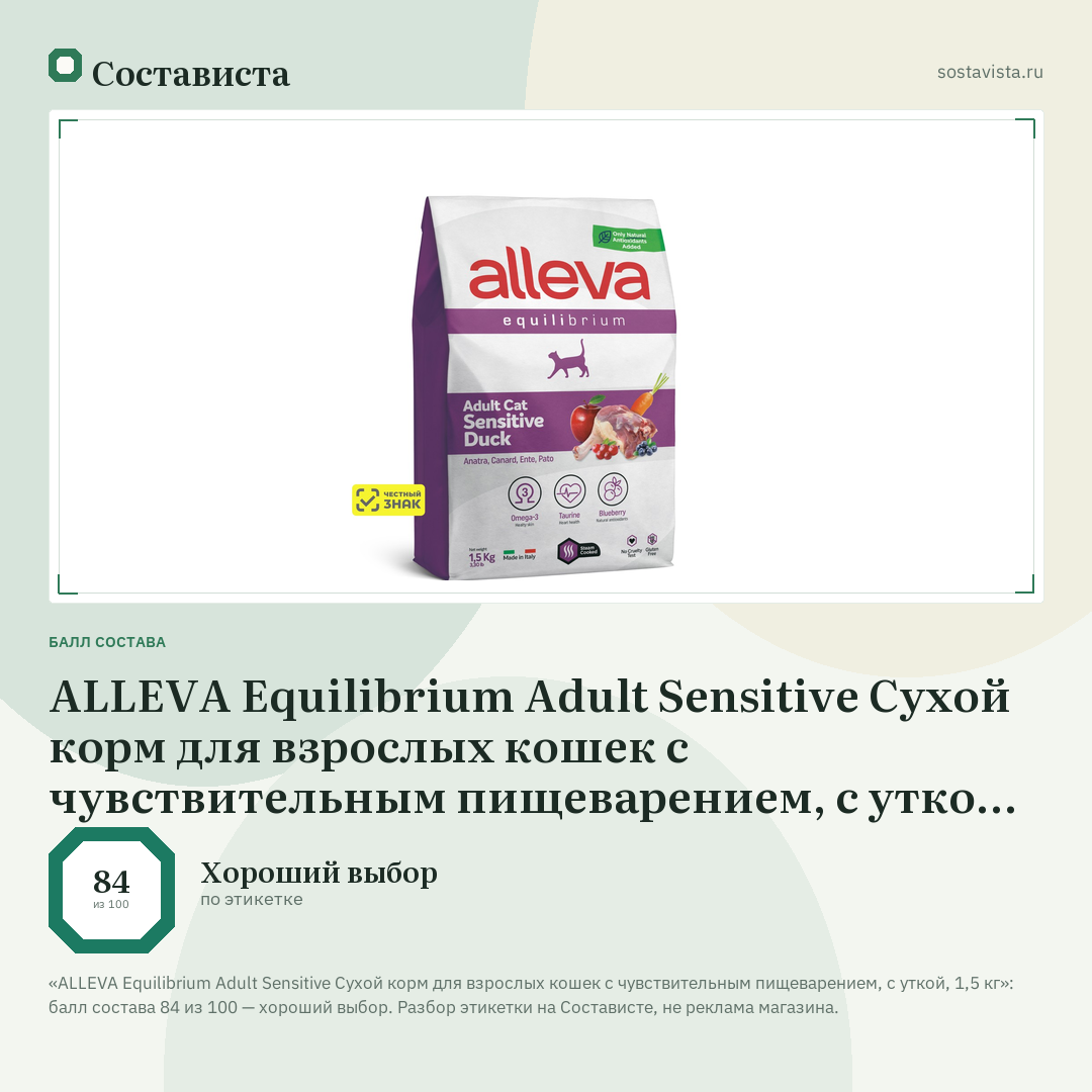 ALLEVA Equilibrium Adult Sensitive Сухой корм для взрослых кошек с чувствительным пищеварением, с уткой, 1,5 кг: балл состава 84 из 100 — Состависта