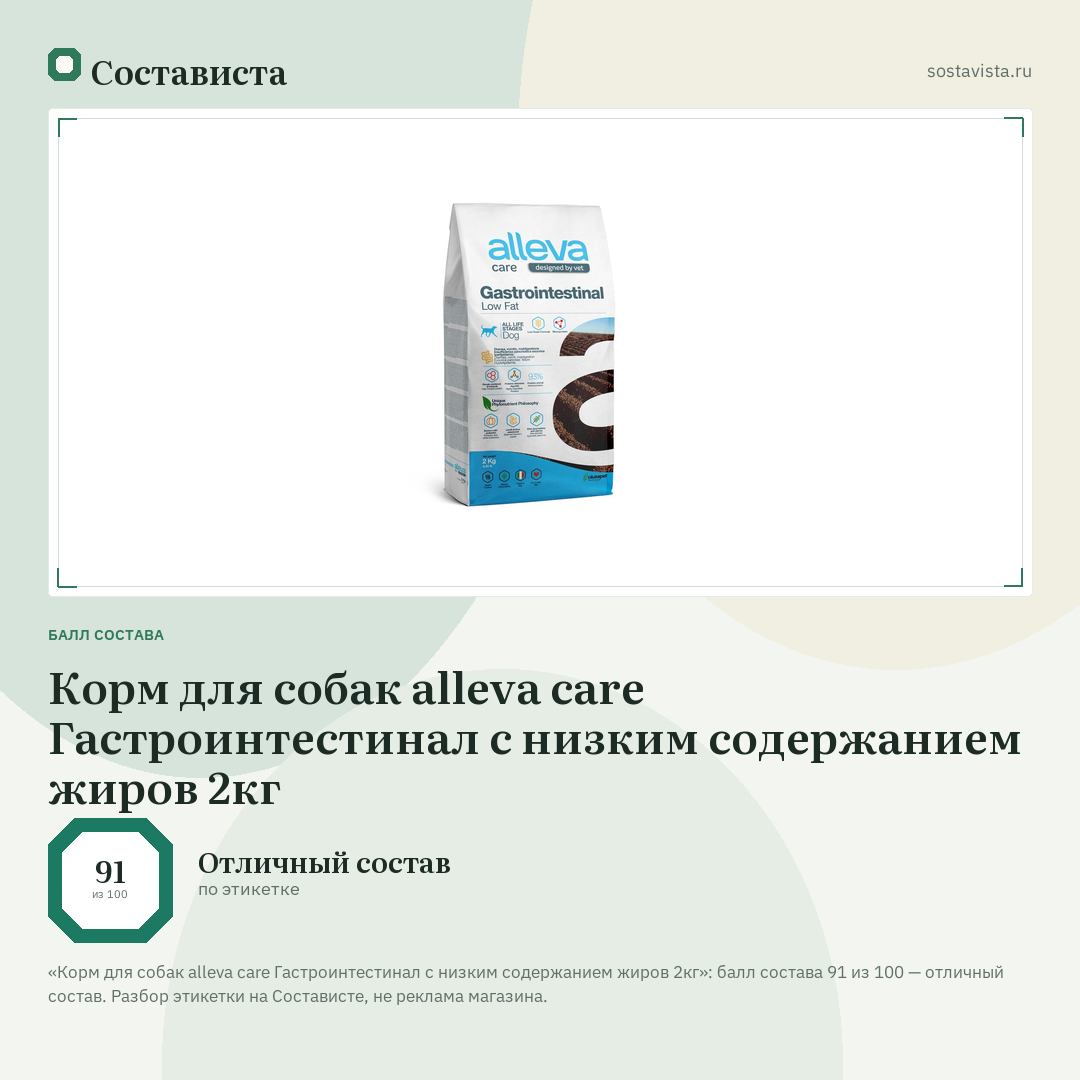 Корм для собак alleva care Гастроинтестинал с низким содержанием жиров 2кг: балл состава 91 из 100 — Состависта