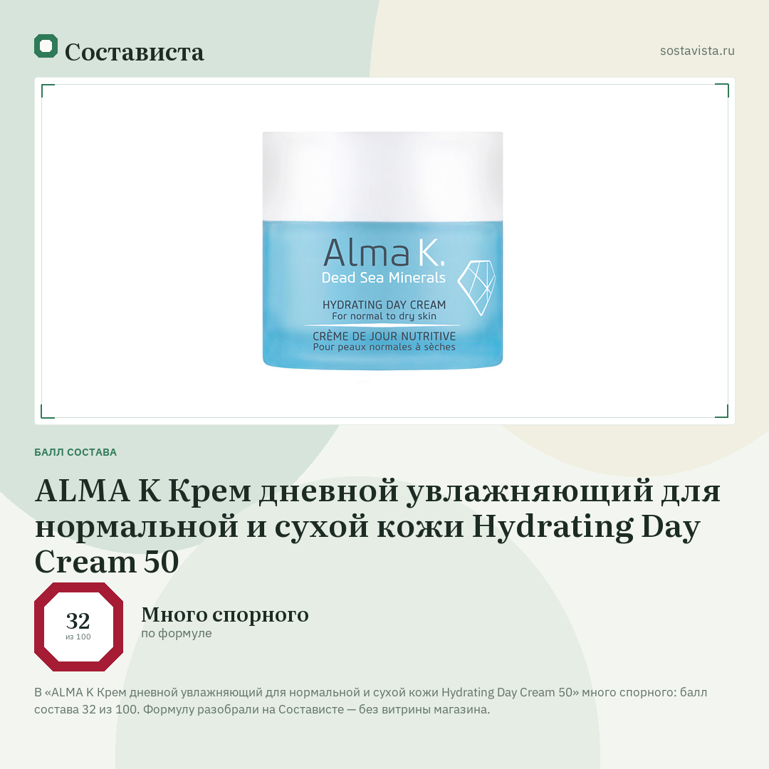 ALMA K Крем дневной увлажняющий для нормальной и сухой кожи Hydrating Day Cream 50: балл состава 32 из 100 — Состависта