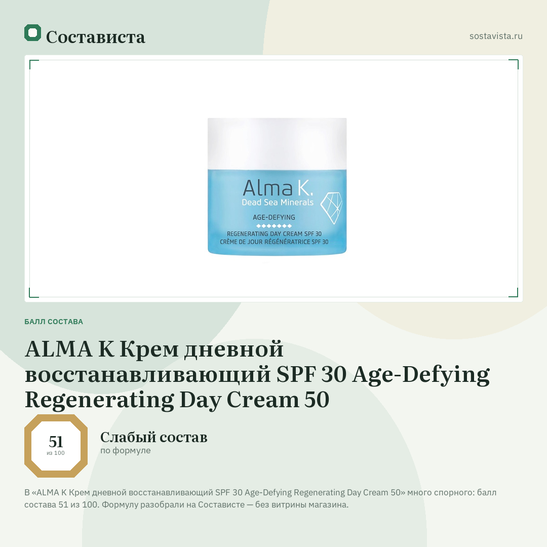 ALMA K Крем дневной восстанавливающий SPF 30 Age-Defying Regenerating Day Cream 50: балл состава 51 из 100 — Состависта