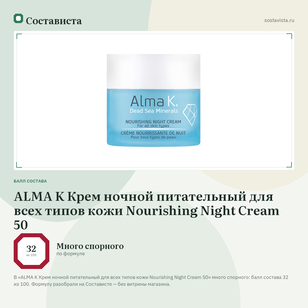 ALMA K Крем ночной питательный для всех типов кожи Nourishing Night Cream 50: балл состава 32 из 100 — Состависта