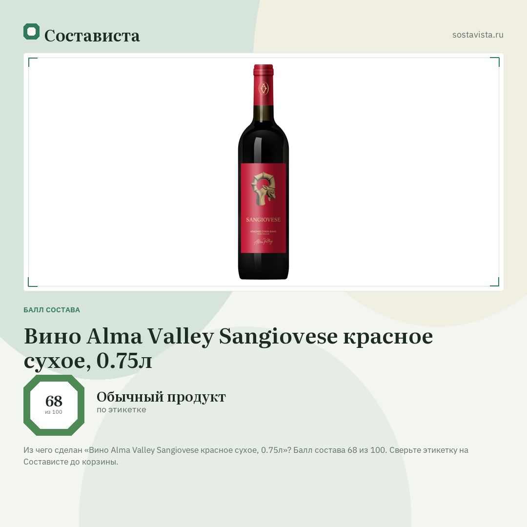 Вино Alma Valley Sangiovese красное сухое, 0.75л: балл состава 68 из 100 — Состависта