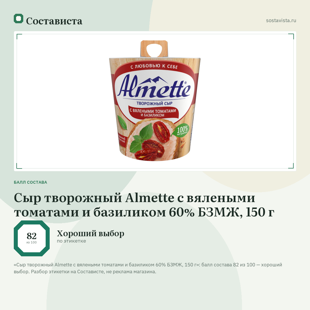 Сыр творожный Almette с вялеными томатами и базиликом 60% БЗМЖ, 150 г: балл состава 82 из 100 — Состависта