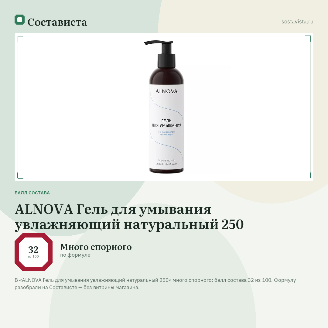 ALNOVA Гель для умывания увлажняющий натуральный 250: балл состава 32 из 100 — Состависта