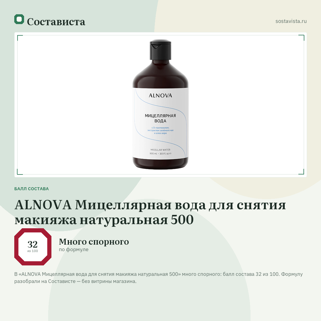ALNOVA Мицеллярная вода для снятия макияжа натуральная 500: балл состава 32 из 100 — Состависта