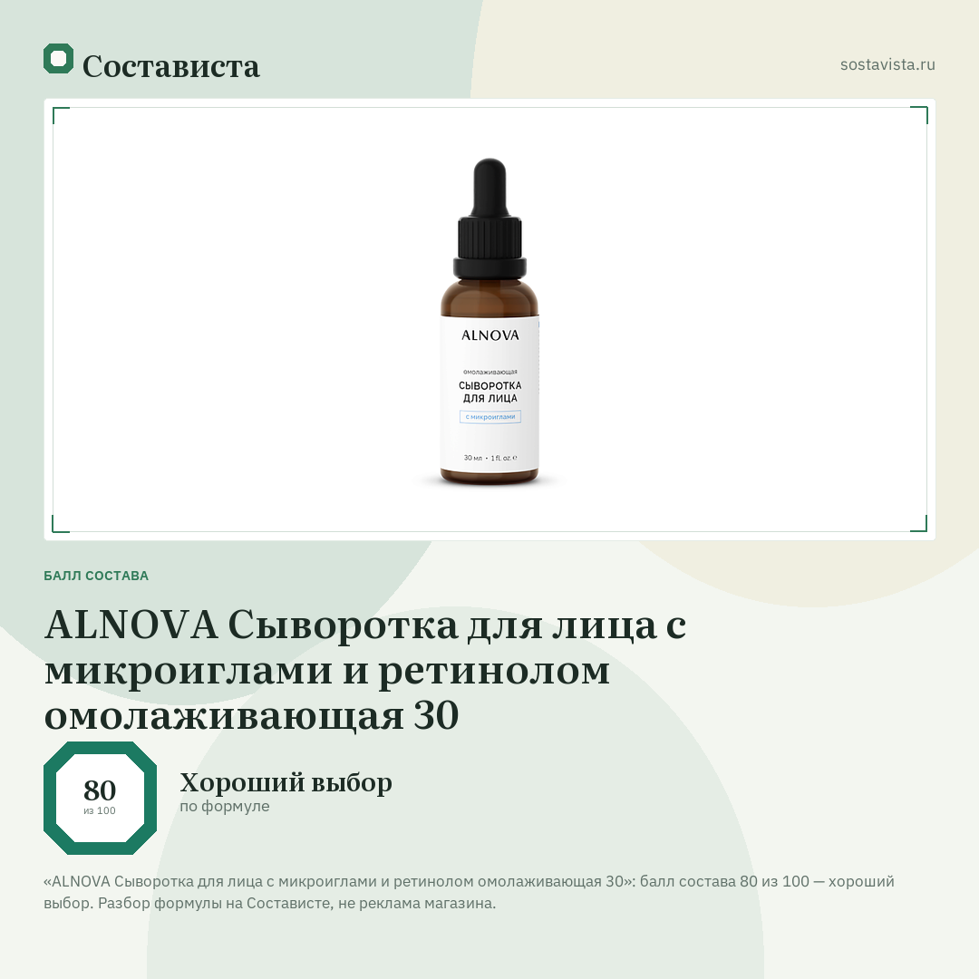 ALNOVA Сыворотка для лица с микроиглами и ретинолом омолаживающая 30: балл состава 80 из 100 — Состависта