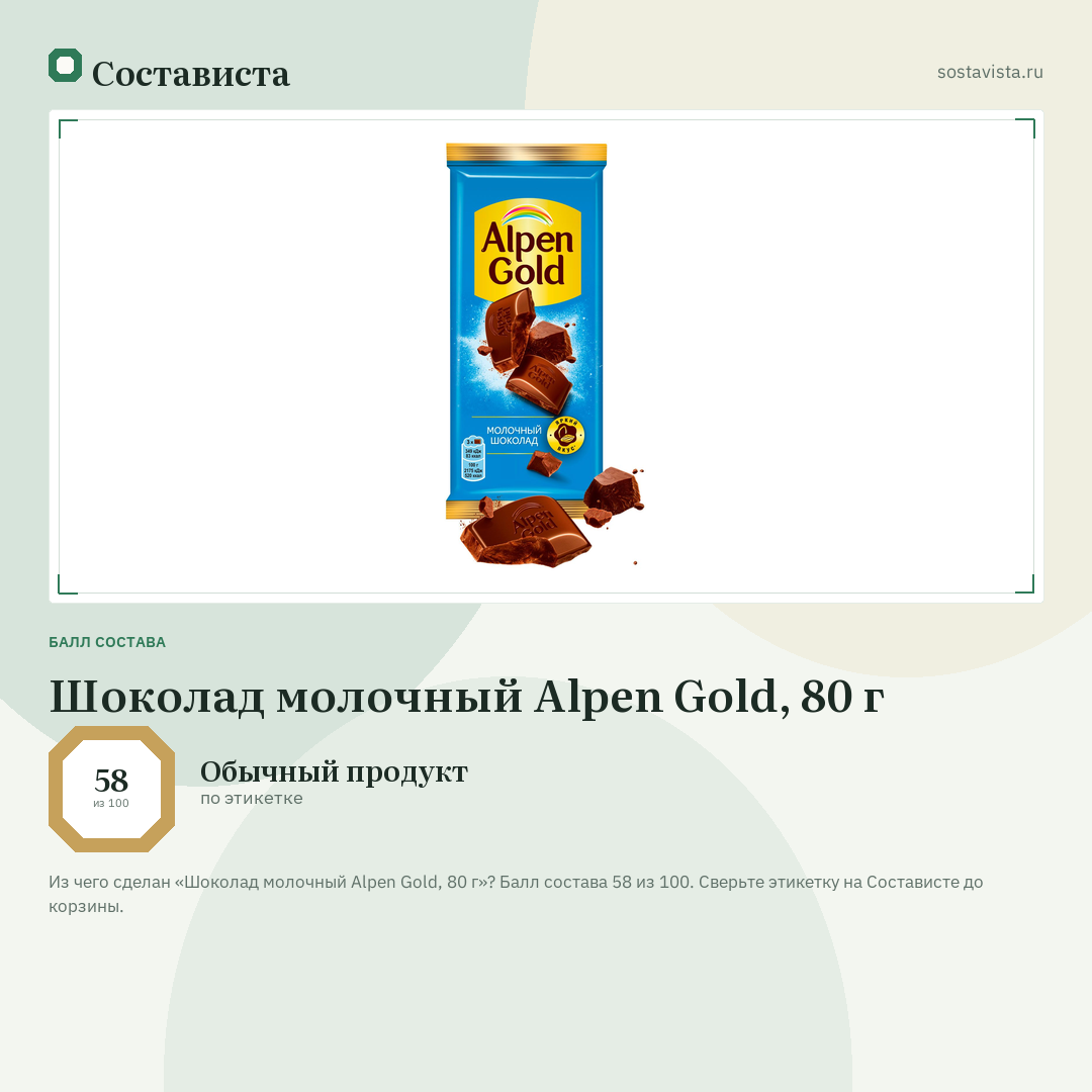 Шоколад молочный Alpen Gold, 80 г: балл состава 58 из 100 — Состависта