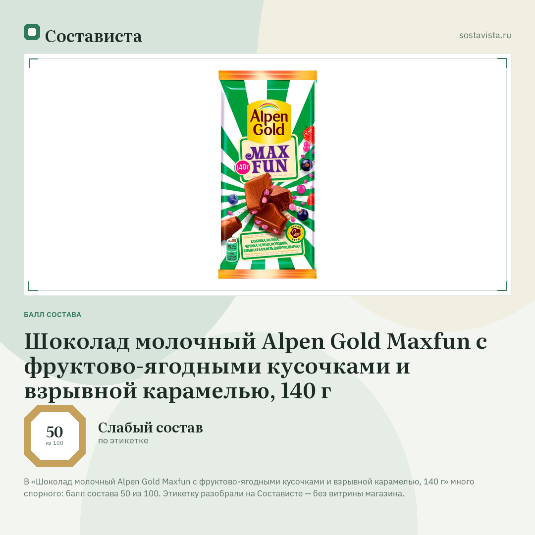 Шоколад молочный Alpen Gold Maxfun c фруктово-ягодными кусочками и взрывной карамелью, 140 г: балл состава 50 из 100 — Состависта