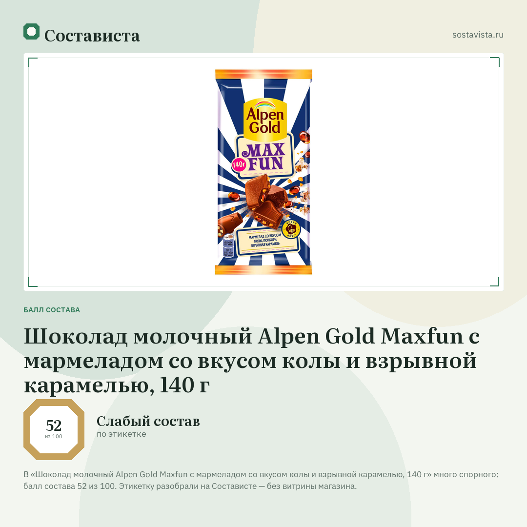 Шоколад молочный Alpen Gold Maxfun с мармеладом со вкусом колы и взрывной карамелью, 140 г: балл состава 52 из 100 — Состависта