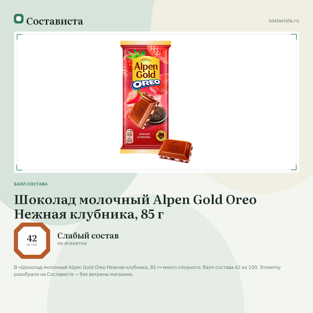 Шоколад молочный Alpen Gold Oreo Нежная клубника, 85 г: балл состава 42 из 100 — Состависта
