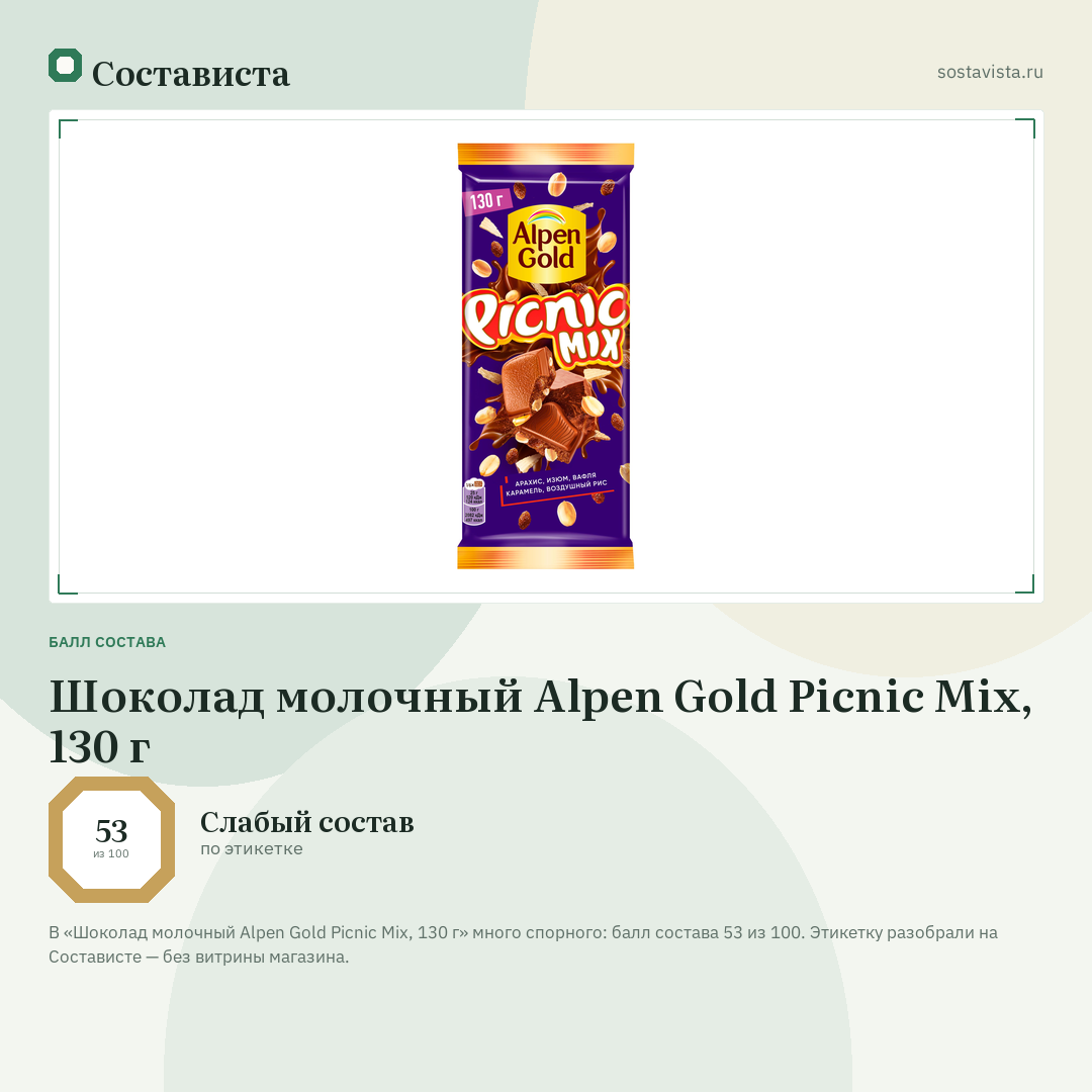 Шоколад молочный Alpen Gold Picnic Mix, 130 г: балл состава 53 из 100 — Состависта