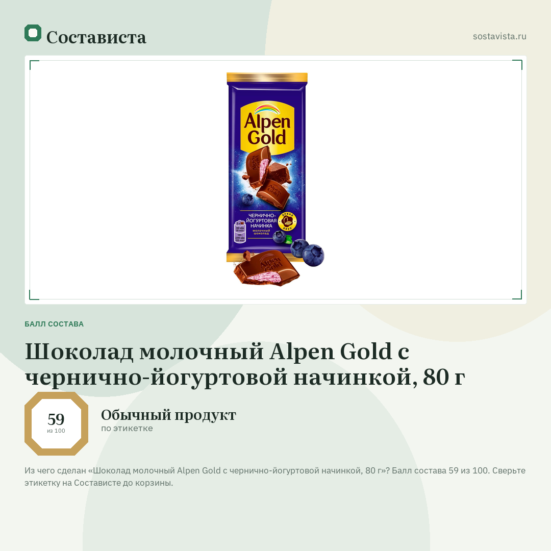 Шоколад молочный Alpen Gold с чернично-йогуртовой начинкой, 80 г: балл состава 59 из 100 — Состависта