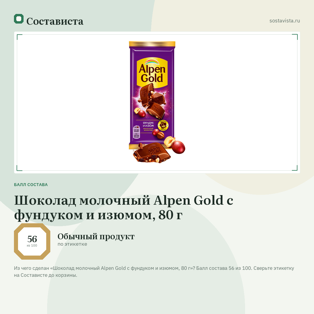 Шоколад молочный Alpen Gold с фундуком и изюмом, 80 г: балл состава 56 из 100 — Состависта