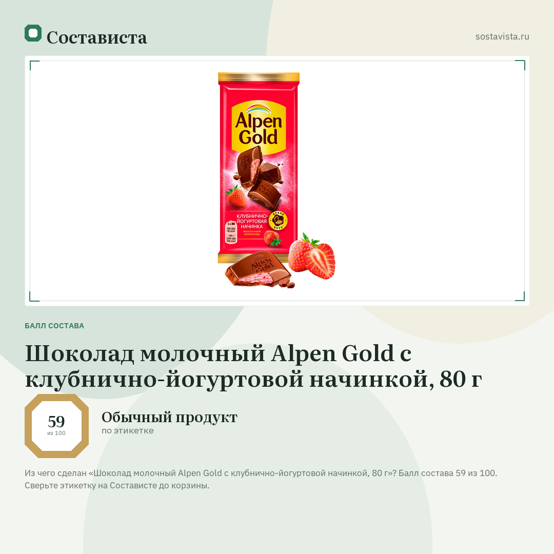 Шоколад молочный Alpen Gold с клубнично-йогуртовой начинкой, 80 г: балл состава 59 из 100 — Состависта
