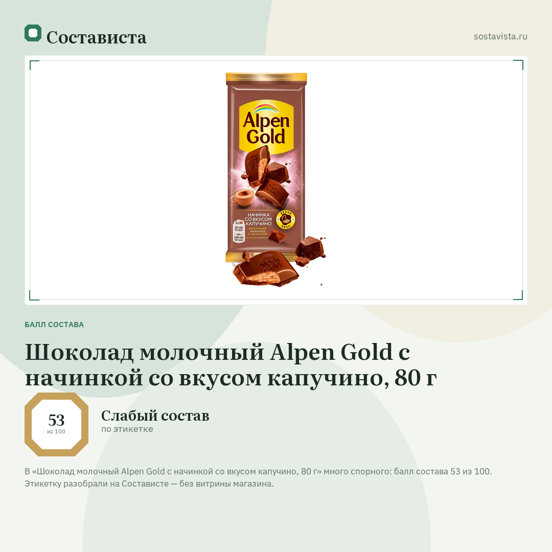 Шоколад молочный Alpen Gold с начинкой со вкусом капучино, 80 г: балл состава 53 из 100 — Состависта