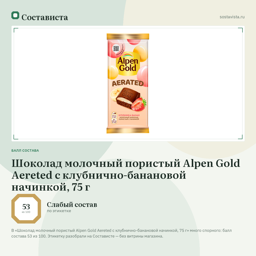 Шоколад молочный пористый Alpen Gold Aereted с клубнично-банановой начинкой, 75 г: балл состава 53 из 100 — Состависта